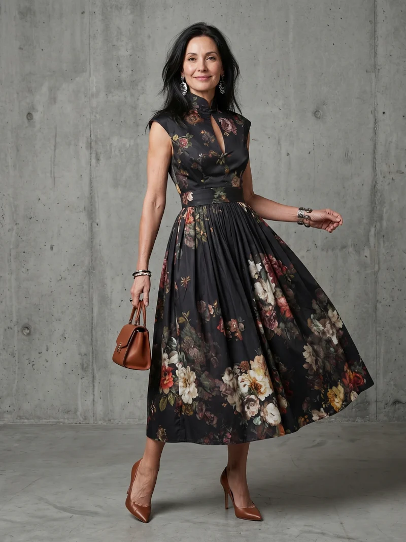 Greta | Hochgeschlossenes Schlüsselloch Blumen Falten Midi Kleid