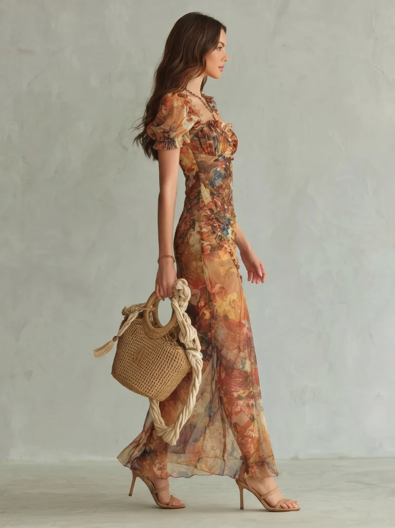 Ciel | Rüschensleeve Raffung Schlitz Midi Kleid
