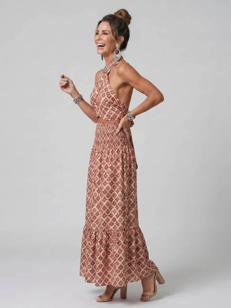 Amira | Geometrischer Print Cutout Midi-Kleid mit Kreuzträger