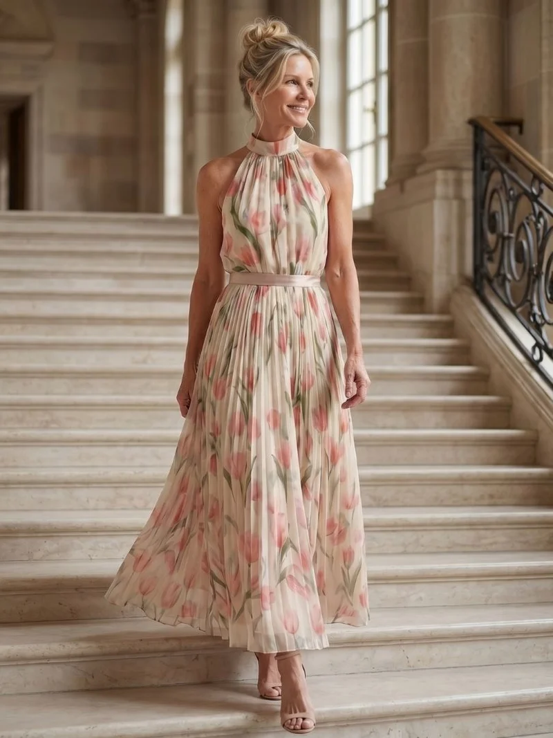 Aurelle | Blumenmuster Midi Kleid mit Halterneck