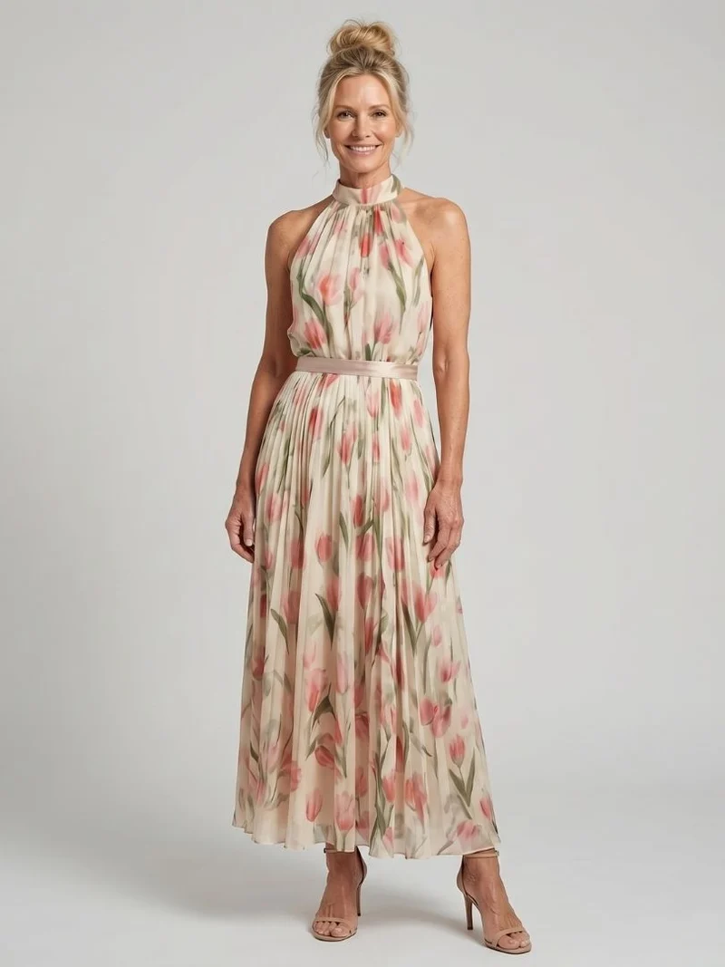 Aurelle | Blumenmuster Midi Kleid mit Halterneck