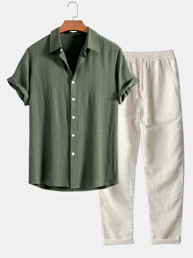 Button-Up Hemd und gerade geschnittene Hose aus Leinen-Rayon-Mischung