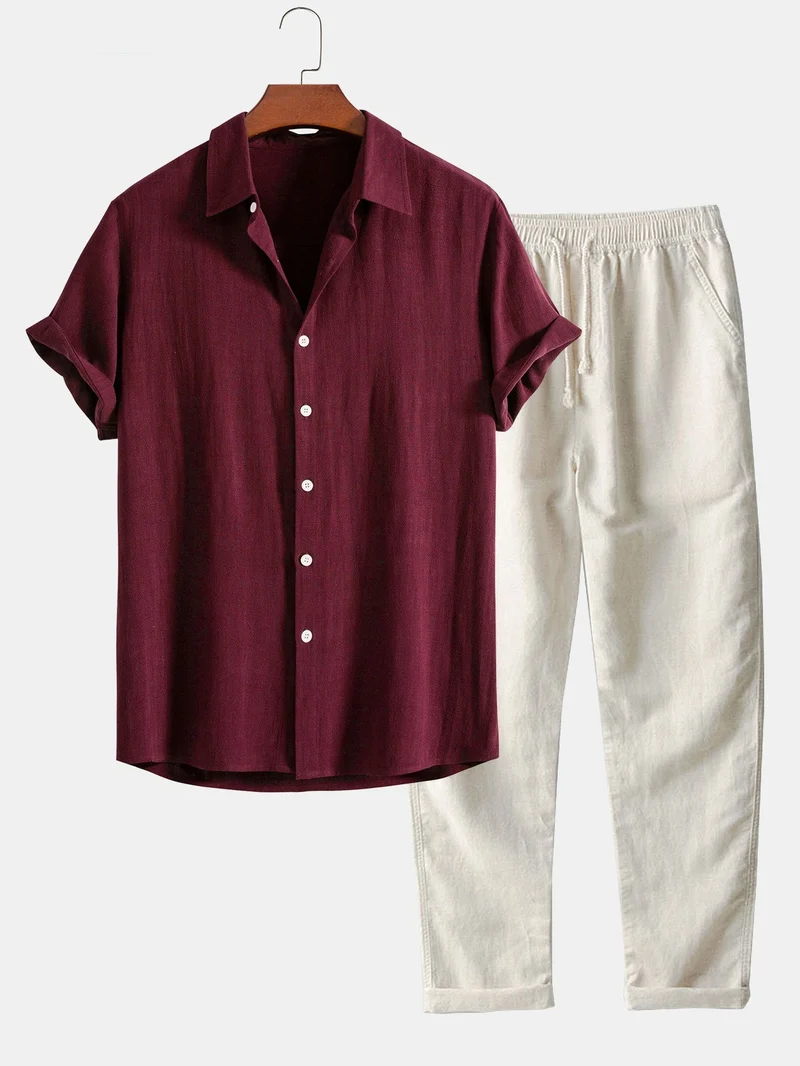Button-Up Hemd und gerade geschnittene Hose aus Leinen-Rayon-Mischung