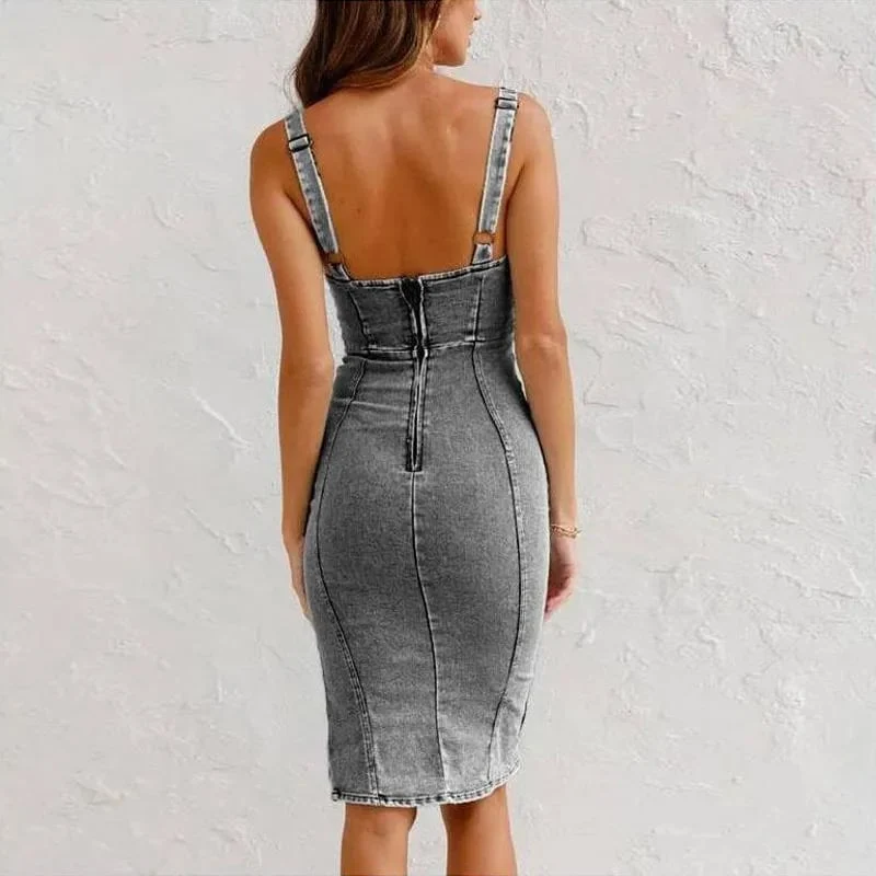 Maßgeschneidertes Denim-Kleid mit verstellbarem Gürtel und U-Ausschnitt