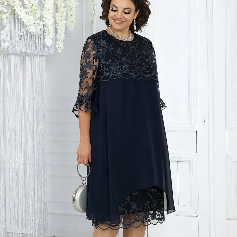 Frauen Rundhals Besticktes Patchwork Kleid