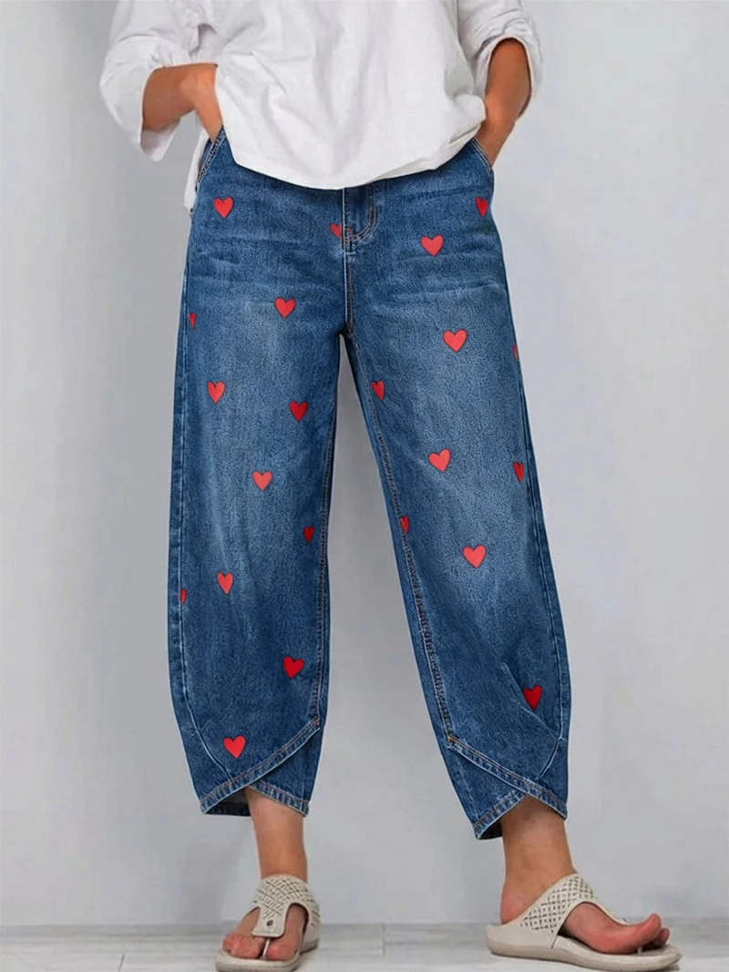 Damen Freizeit Denim Baumwollhose mit Herzdruck