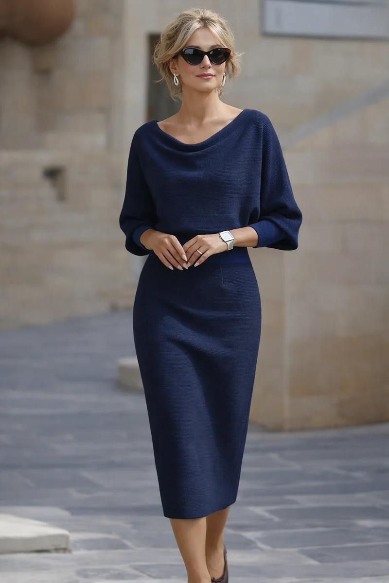 Amyy - Elegantes Midi Kleid Mit Langen Ärmeln
