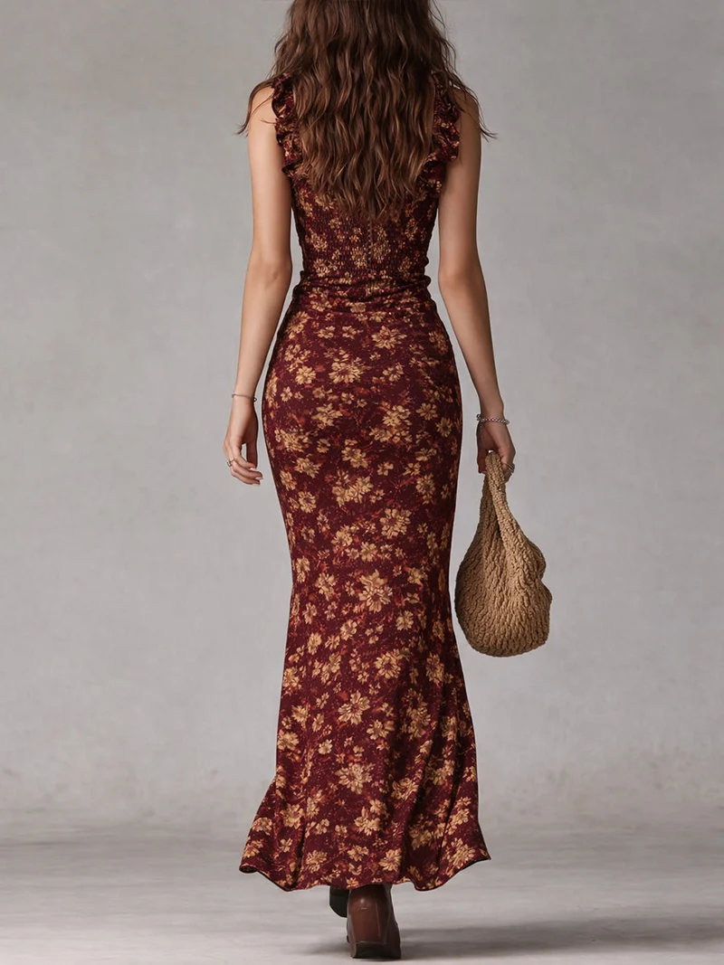 Maya™ | Boho Retro Rüschensleeves Maxikleid mit hohem Schlitz