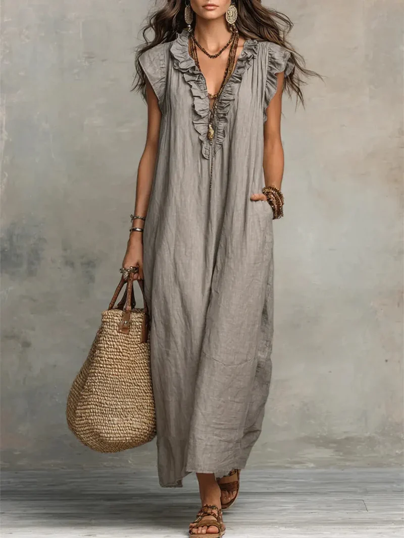 Uanavi - Langes Kleid Im Bohemian Stil Aus Leinen