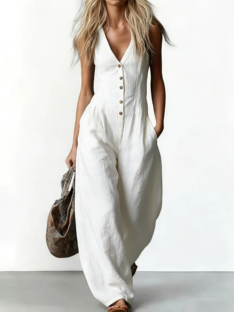 Suzanni - Eleganter Ärmelloser Overall Mit Weitem Bein Und V-ausschnitt