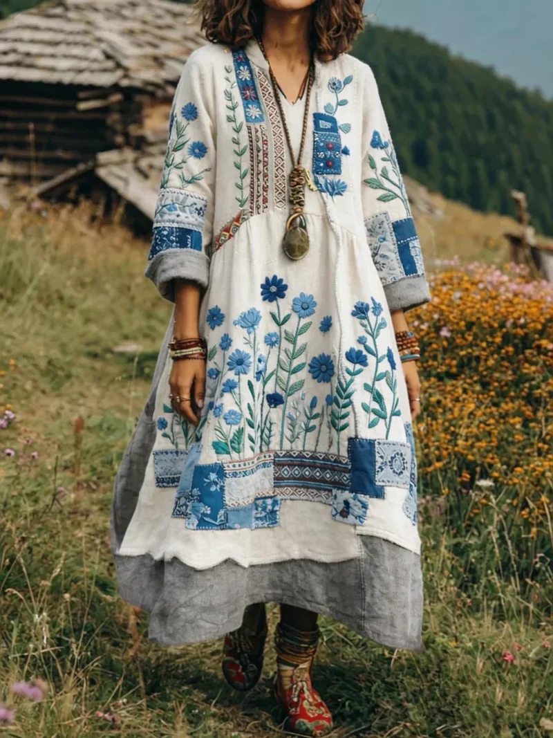 Eresha - Lässiges Langarm Kleid Mit Blumenmuster