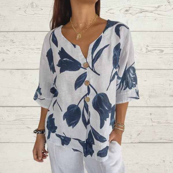 Despoina – Elegantes Oberteil Mit Blumen Muster Und Knöpfen