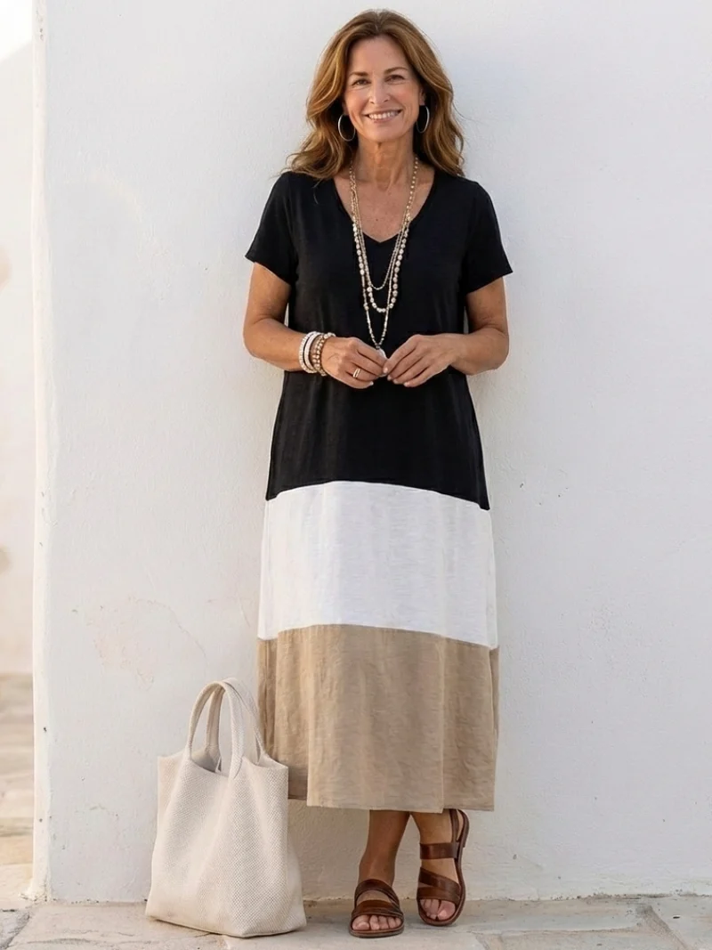 Thalia | Kurzarm Farbblock V-Ausschnitt Midi Kleid