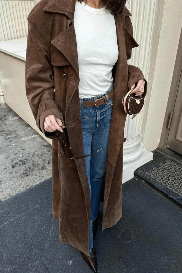 Galatea Trenchcoat – Langer Damen Trenchcoat aus Veganem Wildleder
