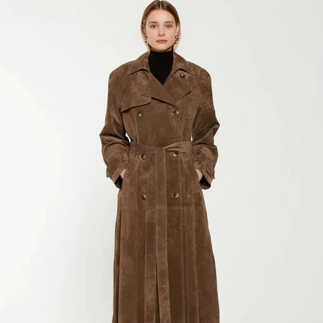 Galatea Trenchcoat – Langer Damen Trenchcoat aus Veganem Wildleder