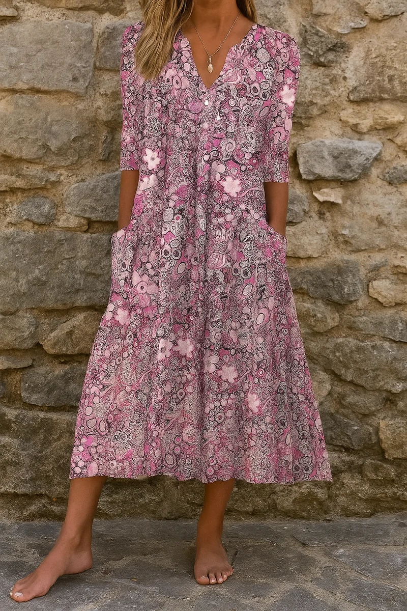 Eliskaa – Elegantes Blumen Kleid Mit V-Ausschnitt