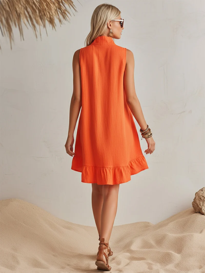 Helles Orange Leinen Halb-Reißverschluss Mini-Kleid mit Rüschensaum und Stehkragen