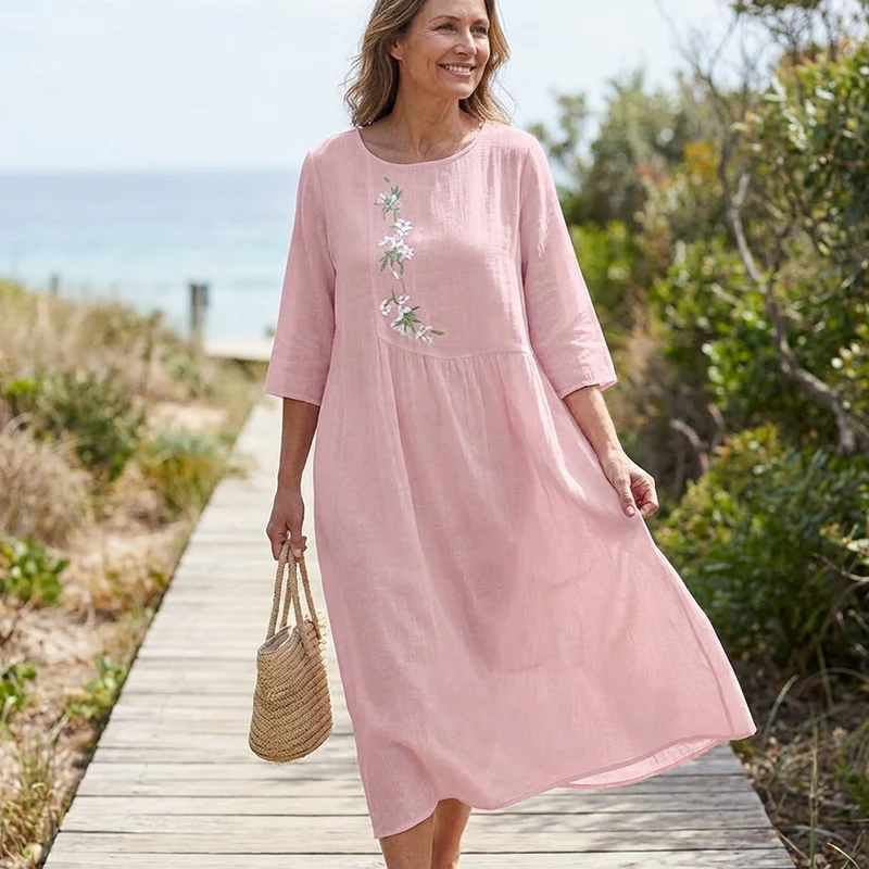 Molaka – Bequemes Besticktes Midikleid Aus Leinen