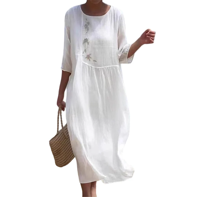 Molaka – Bequemes Besticktes Midikleid Aus Leinen