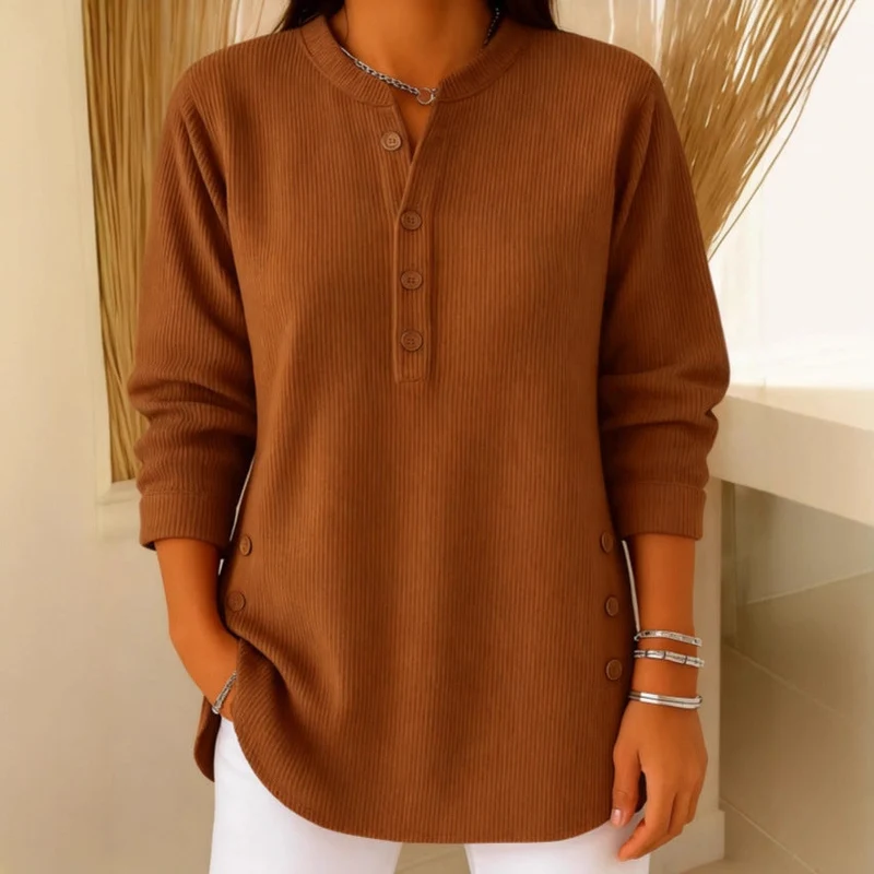 Eshani - Lässiges Geripptes Langarm Henley Oberteil Mit Knopfleiste