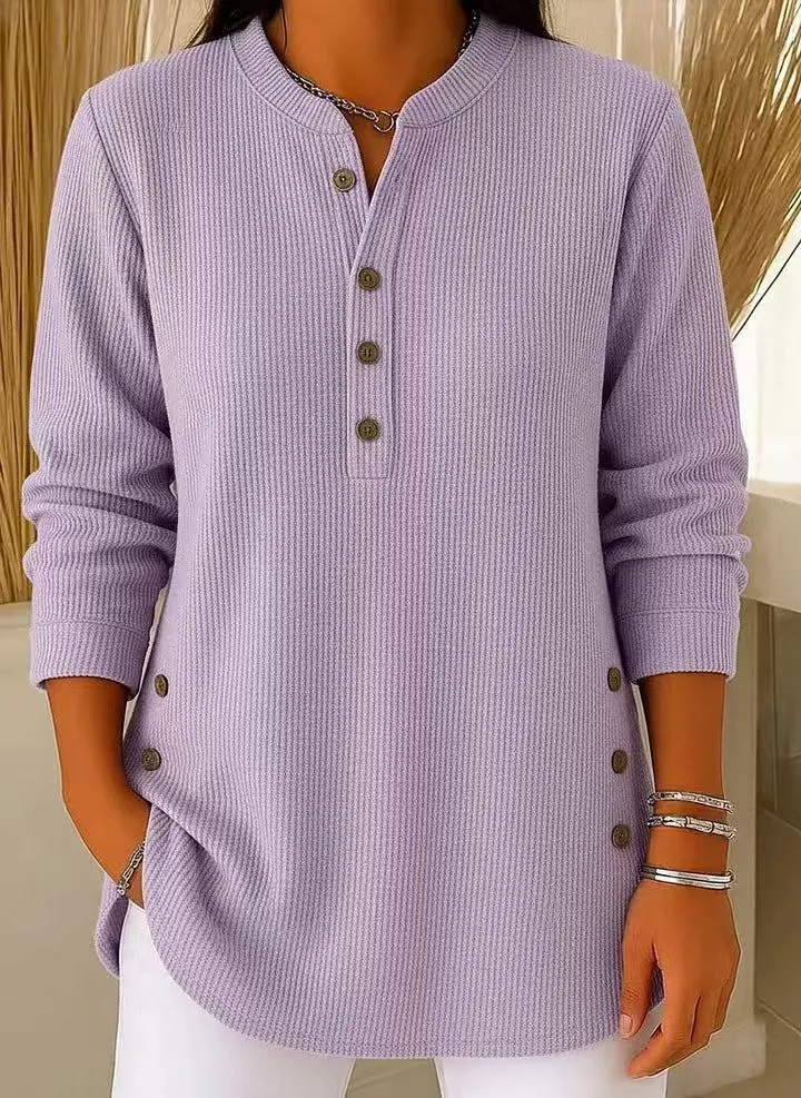 Eshani - Lässiges Geripptes Langarm Henley Oberteil Mit Knopfleiste