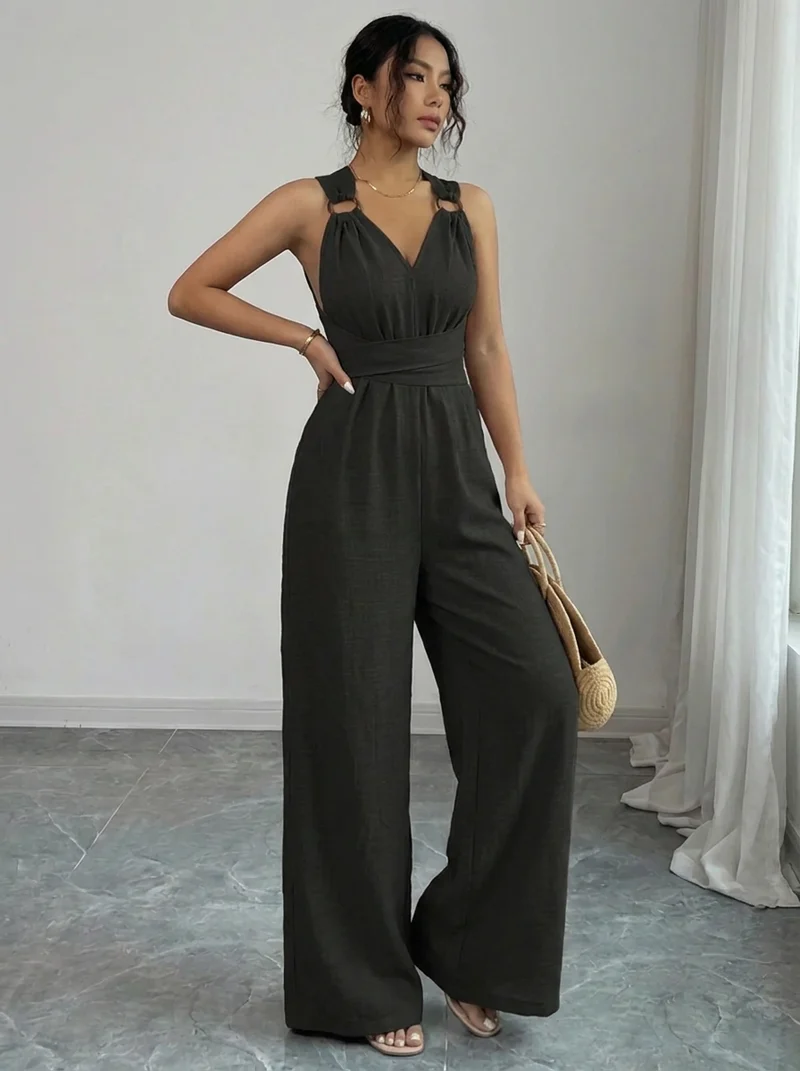 MARYAM™ - Einfarbiger Spitzenoberteil & Jumpsuit Ensemble mit Taschen