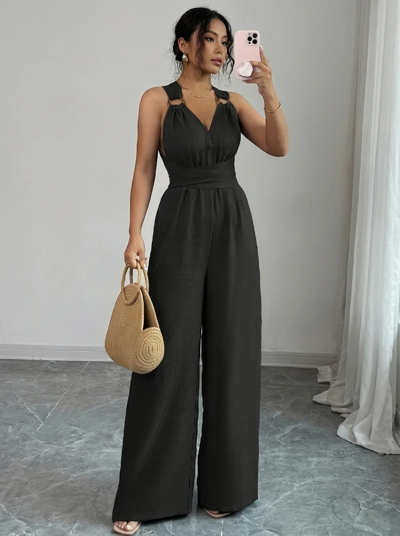MARYAM™ - Einfarbiger Spitzenoberteil & Jumpsuit Ensemble mit Taschen