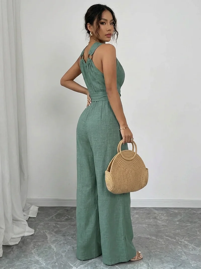 MARYAM™ - Einfarbiger Spitzenoberteil & Jumpsuit Ensemble mit Taschen