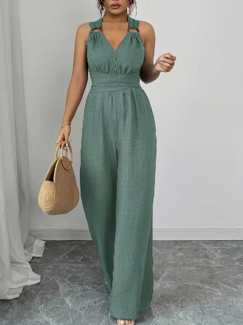 MARYAM™ - Einfarbiger Spitzenoberteil & Jumpsuit Ensemble mit Taschen