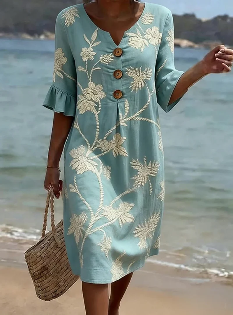 Damenkleid aus Baumwolle mit Blumenmuster – lässiges Sommerkleid mit Knöpfen