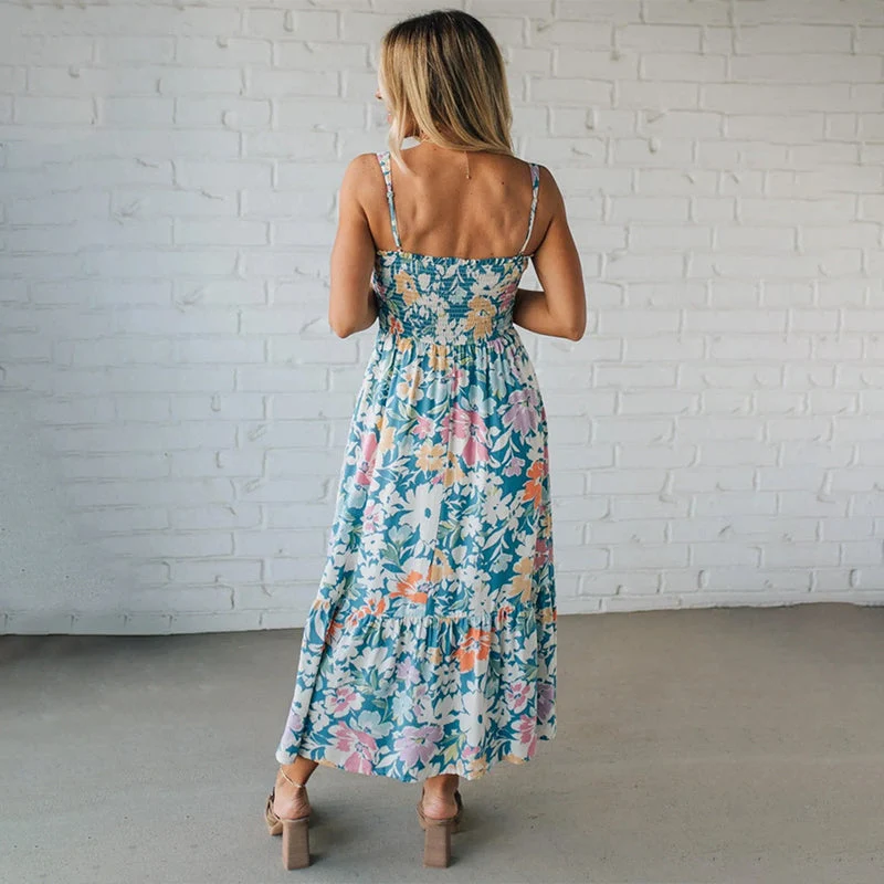 Blumenkleid Maxi mit gerafftem Oberteil und verstellbaren Trägern