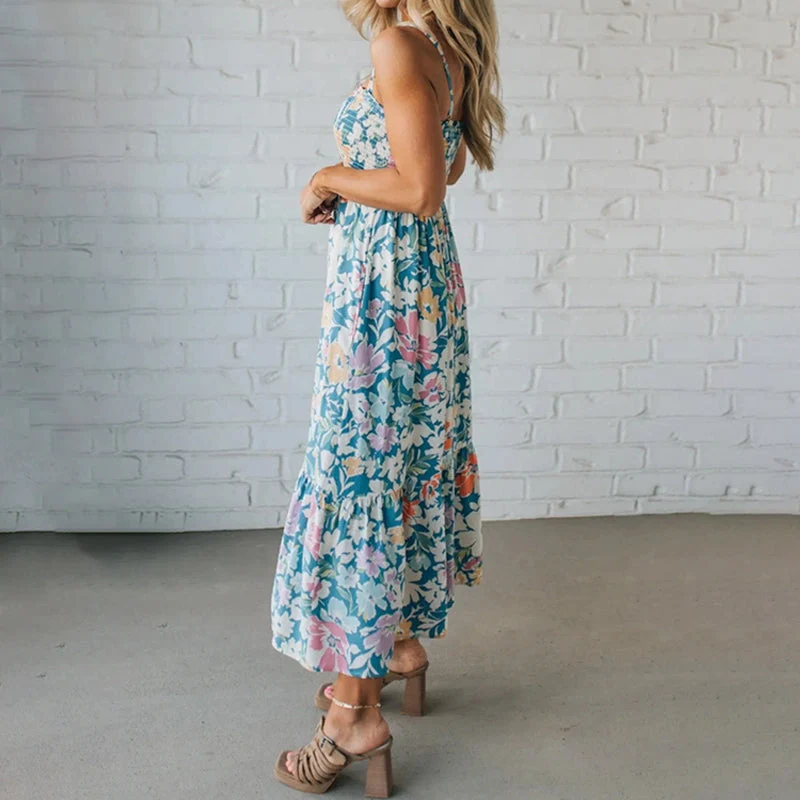 Blumenkleid Maxi mit gerafftem Oberteil und verstellbaren Trägern