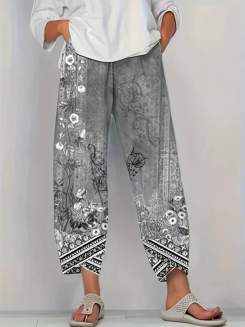Thimasha - Caprihose Im Vintage Blumenmuster Mit Elastischem Bund