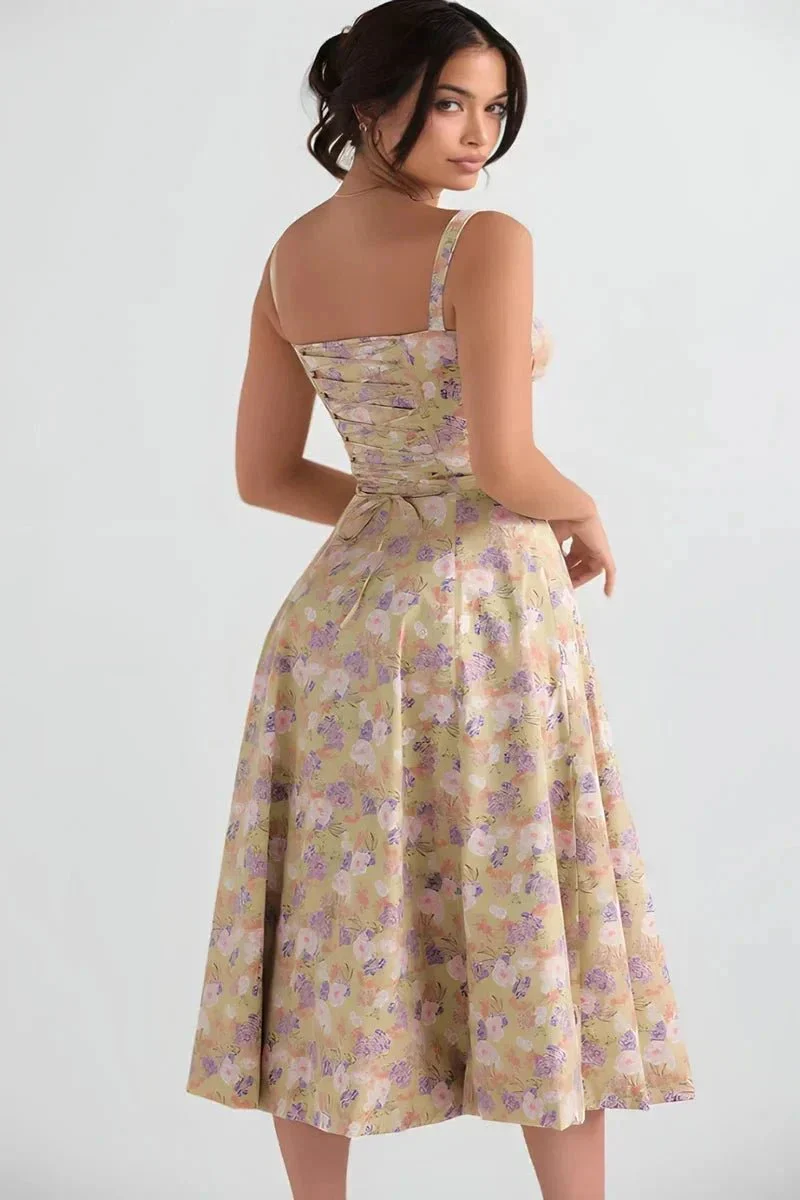 Linsay Blumenkleid – Midi-Kleid mit Korsett & Seitenschlitz