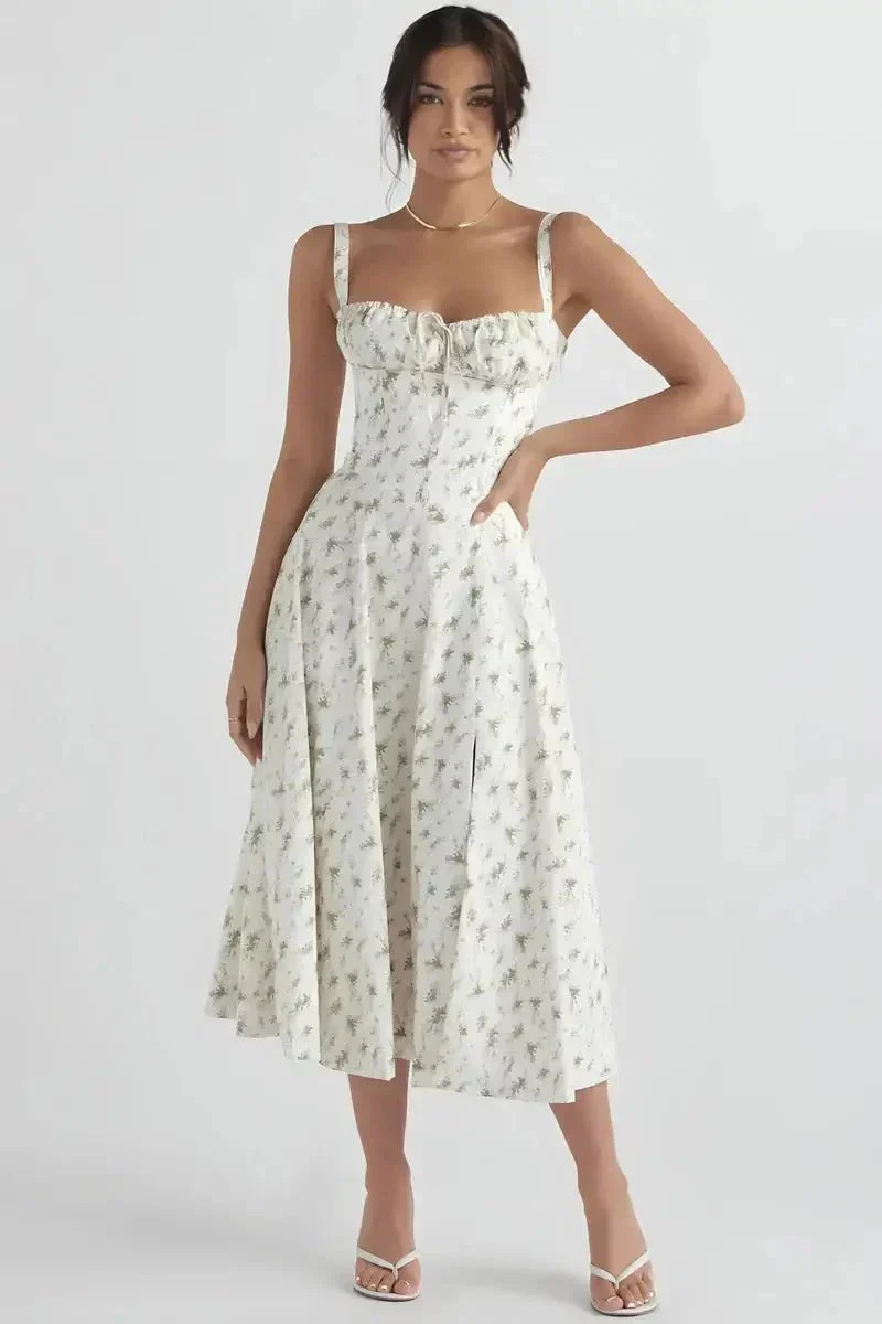 Linsay Blumenkleid – Midi-Kleid mit Korsett & Seitenschlitz