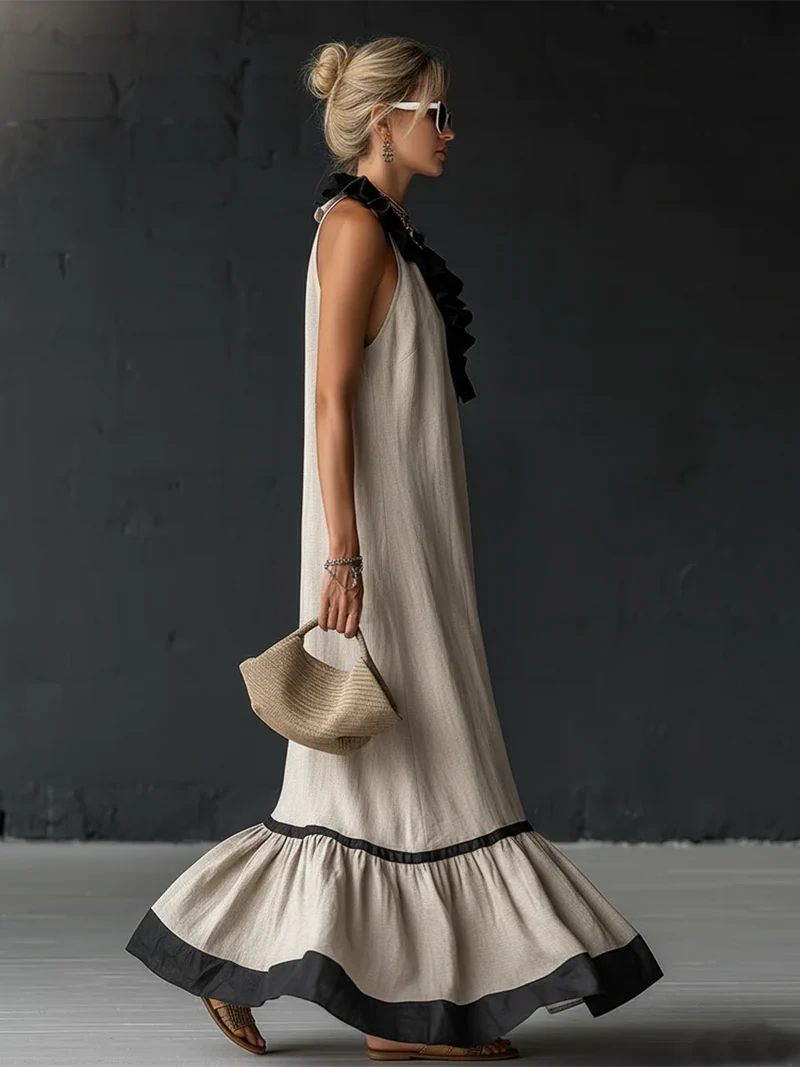 Natja - Rüschenkragen Leinen Maxikleid