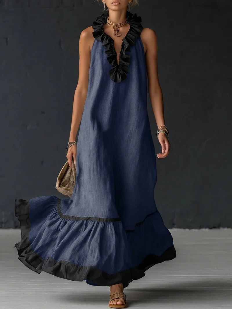 Natja - Rüschenkragen Leinen Maxikleid