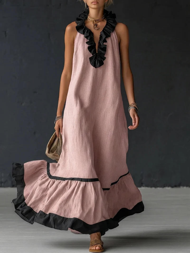 Natja - Rüschenkragen Leinen Maxikleid