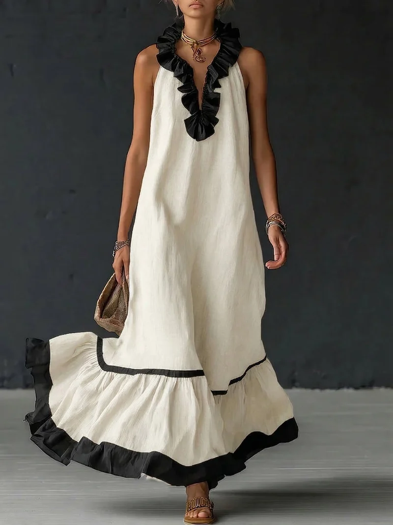 Natja - Rüschenkragen Leinen Maxikleid