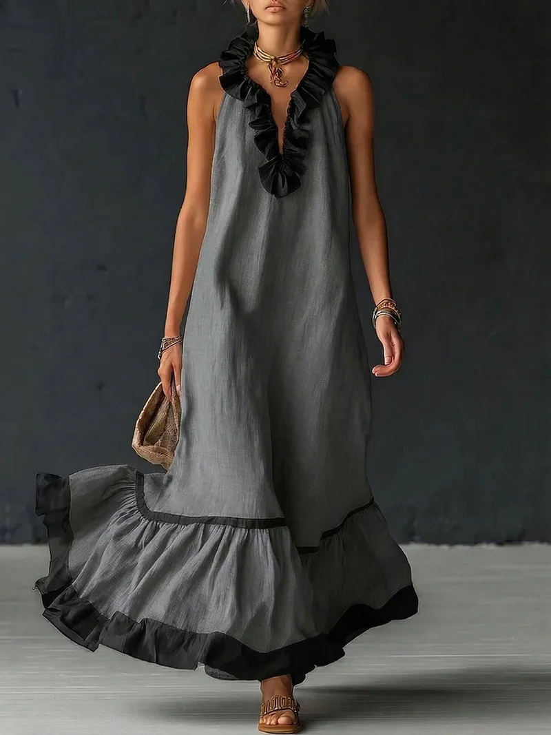 Natja - Rüschenkragen Leinen Maxikleid