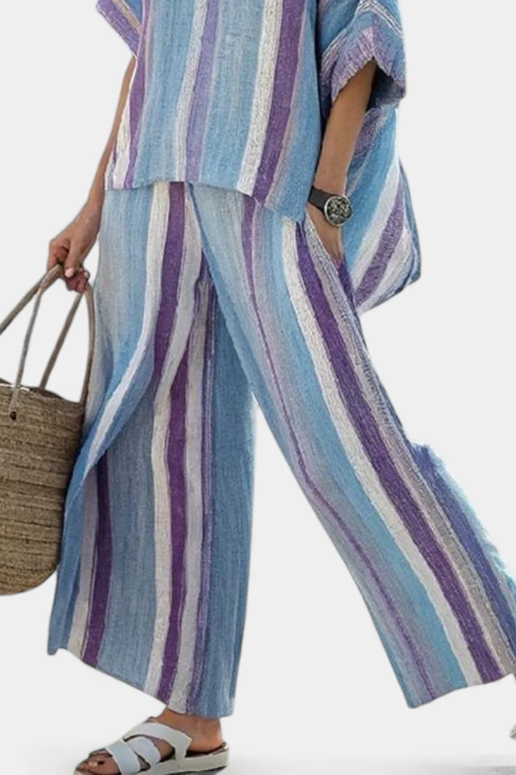 Ginevra – elegantes mauve Pastelloberteil und gestreifte Leinenhose