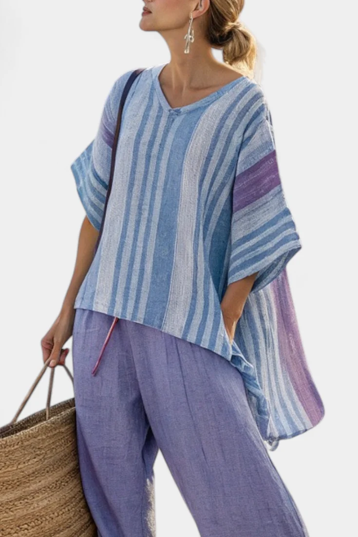 Carlotta – top elegante Lavendel und Himmelblau und Leinenhose