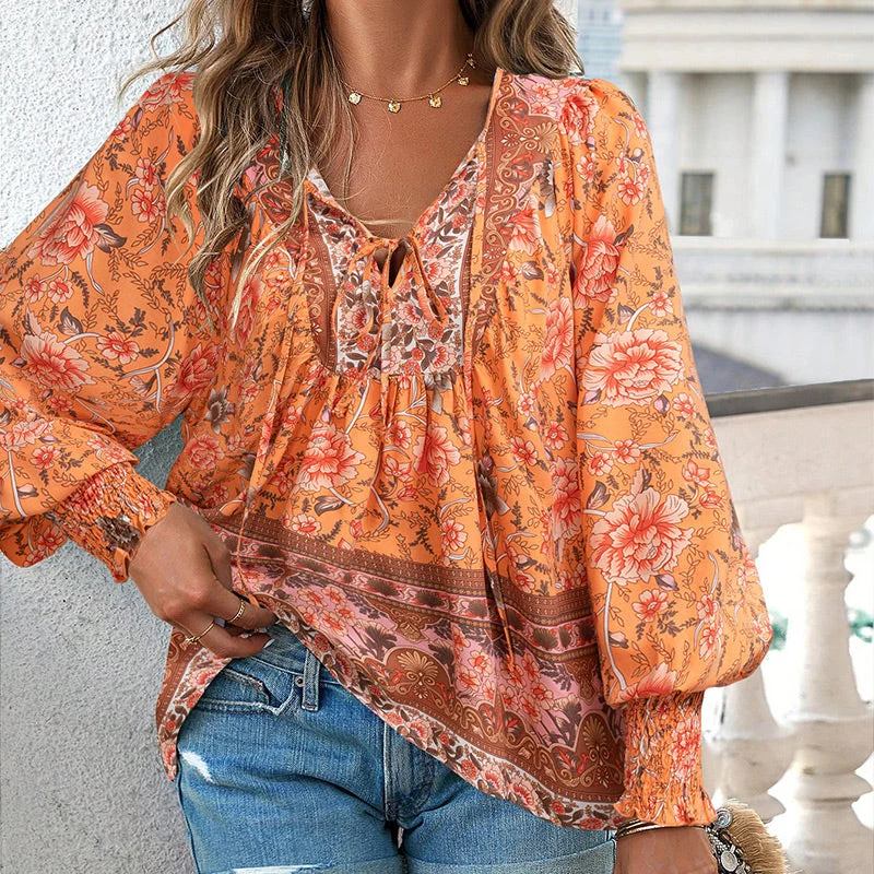 Katia - Modisches Bedrucktes Langarm Shirt Mit V-Ausschnitt