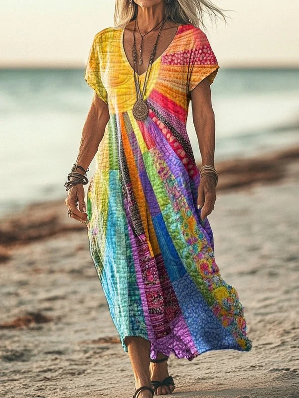 Meinir – Kleid Mit Farbigen Streifen Und V-Ausschnitt