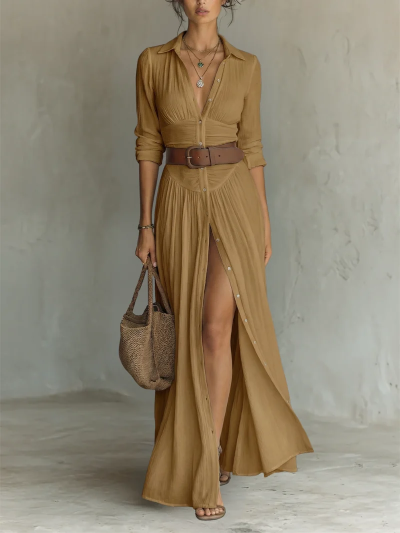 Sewmini - Leinen Maxikleid Mit Reverskragen
