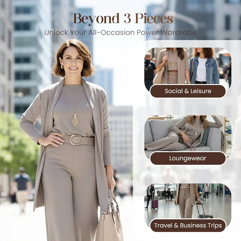 Schickes 3-teiliges Ensemble: Langer Cardigan, Top und Hose