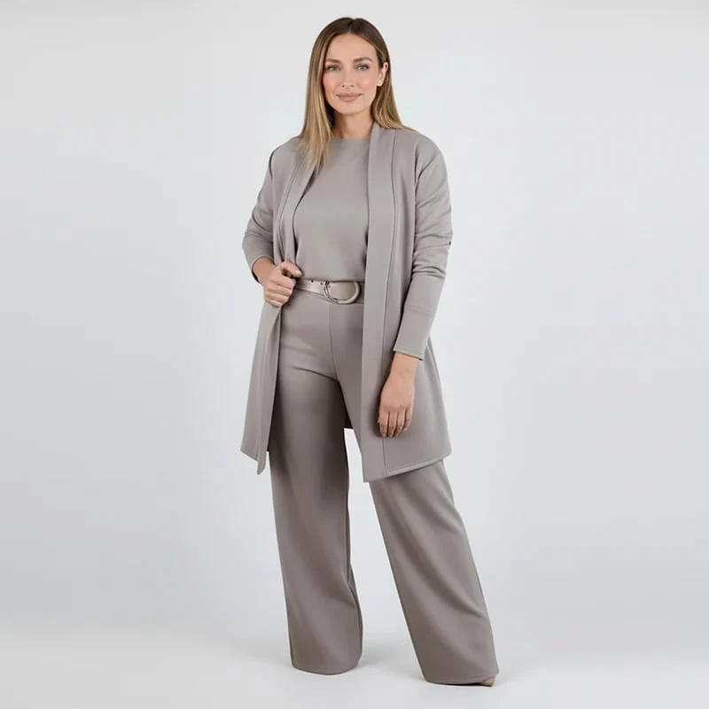 Schickes 3-teiliges Ensemble: Langer Cardigan, Top und Hose