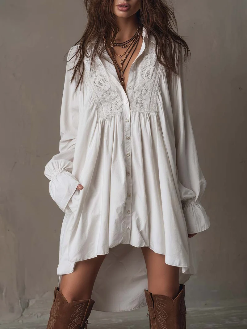 Retro-Stil Spitzen Unregelmäßiger Saum Langärmliges Mini-Kleid