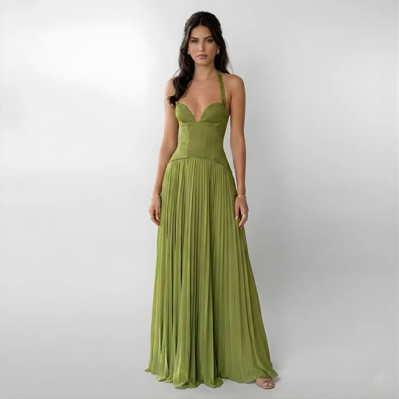 Gaia Maxi Kleid – Elegantes Spitzenkleid mit Plisseerock