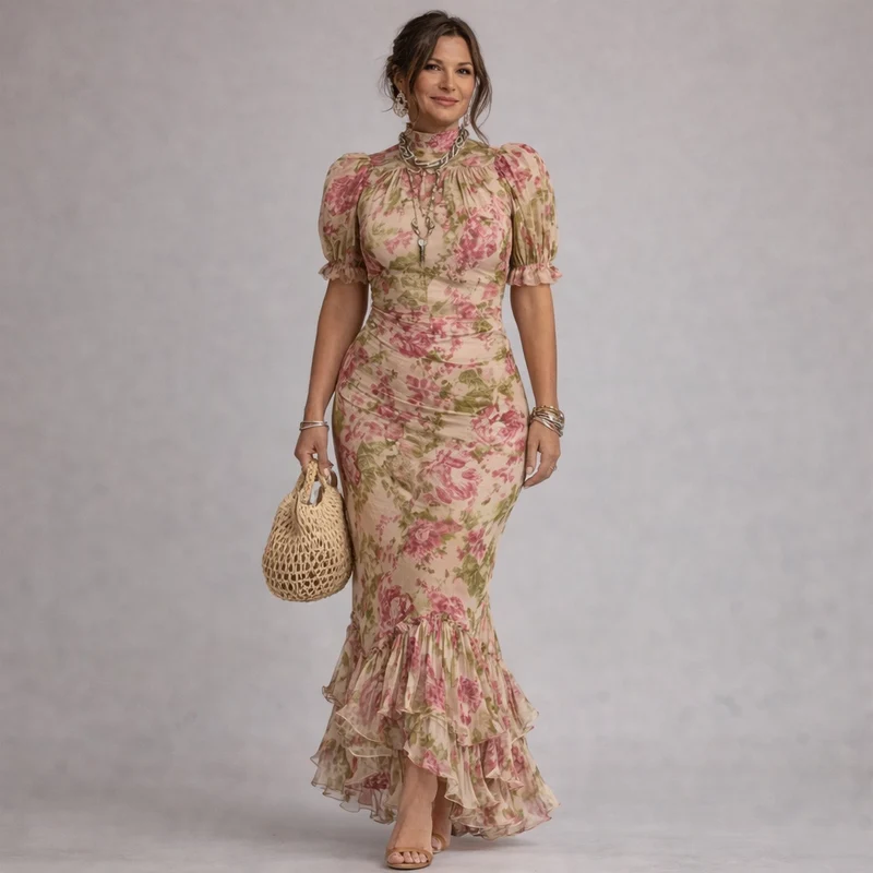 Erikka – Chiffon Kleid Mit Blumenmuster Und Rüschen Am Saum